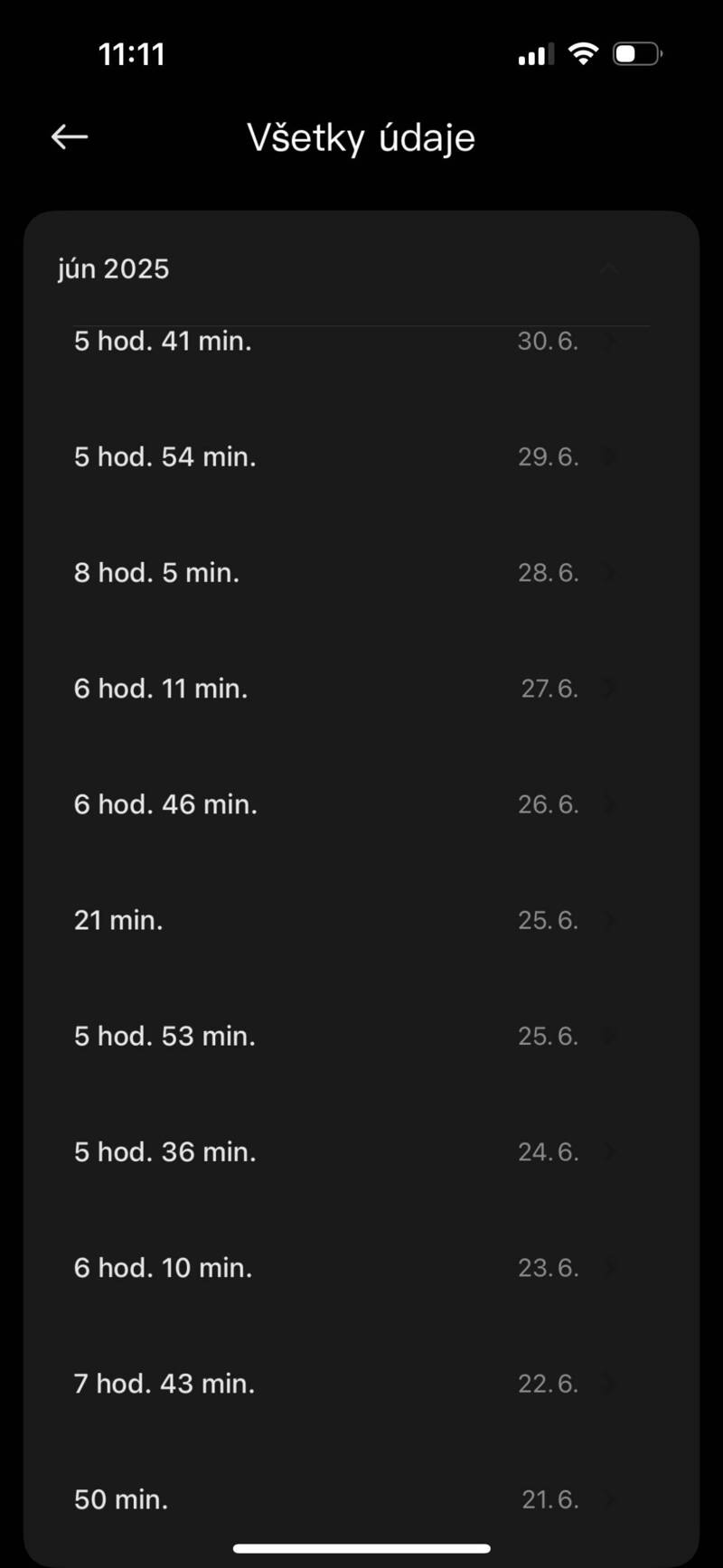 Textové zobrazenie údajov o spánku