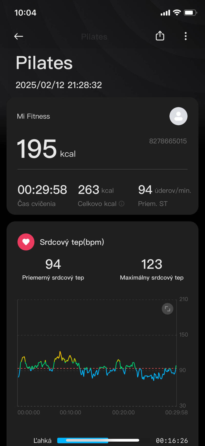 Takto aplikácia Mi Fitness sumarizuje cvičenie pilatesu
